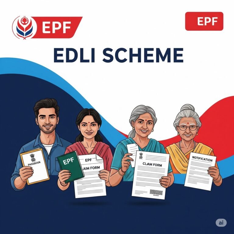 A vibrant graphic shows diverse individuals holding EDLI and EPF documents, with the EPF logo prominent against a dynamic blue and red background, representing the EDLI Scheme under the EPF Act in India.